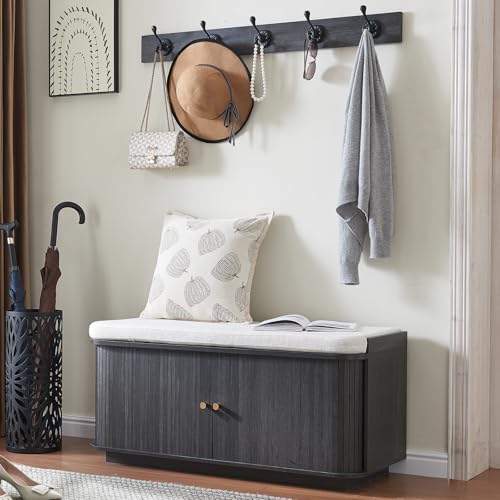 Hall Tree with Bench and Shoe Storage, Entryway Bench with Sliding Door Cabinet, Removable Padded, Metal Wall Hooks and Adjustable Storage Compartments, for Entry, Hallway, Living Room, Dark Grey - color: Dark Grey