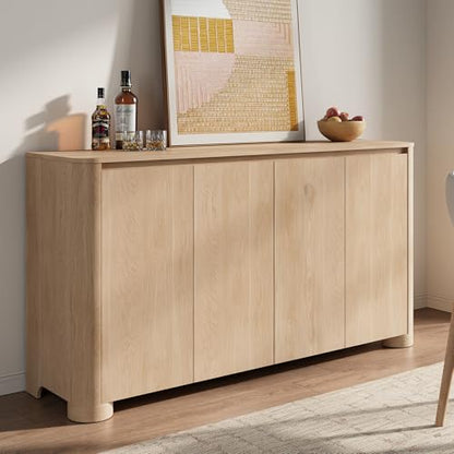 YANSNWO 59" Sideboard Buffet Cabinet with Rounded Corner, Natural Oak(1PCS) | 2-Tier Storage, Adjustable Shelves, 2"H × 6.3"D Sturdy Cylindrical Base, Handleless, Modern for Kitchen/Living Room/Hallway