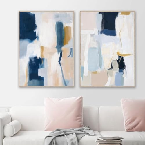 Blue and Grey Canvas Wall Art Brush Strokes Prints Contemporary Abstract Pictures Modern Minimalist Wall Art Navy Blue Beige Grey Abstract Pictures Modern Neutral Prints for Room 16x24inx2 No Frame - color: I-No Frame, size: 16L" x 24W"