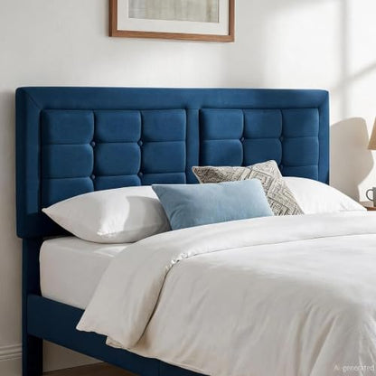 VECELO Queen Size Bed Frame, Adjustable Upholstered Button Tufted Headboard, Heavy-Duty Bedframe with Wood Slats Support, No Box Spring Needed, Aegean Blue - color: Aegean Blue, size: Queen, style: Bed Frame