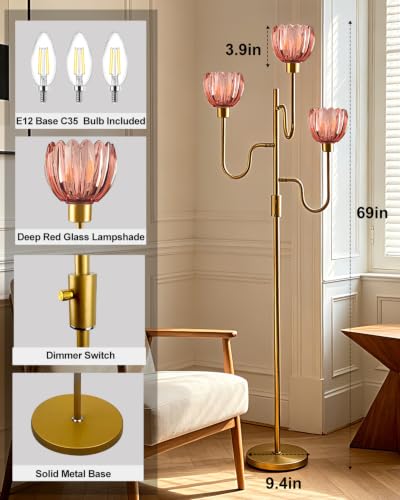Lightdot Dimmable Red Glass Floor Lamp Mid Century Modern Gold Floor Lamps with Warm White Bulbs Included 3-Arm Standing Tall Lamp with 5Lbs Heavy Base for Living Room/Bedroom/Home Office - color: 3 Red Tulip-Gold