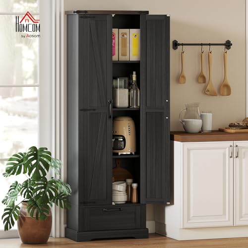 HOMCOM 71" Tall Kitchen Pantry Storage Cabinet Barn Doors Drawer Black | Farmhouse, Adjustable Shelves, Freestanding Food Pantry Cabinet, for Kitchen, Dining Room - color: Black