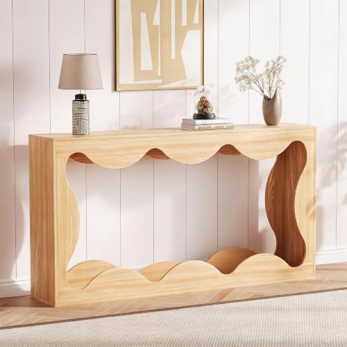 GarveeLife Farmhouse Scalloped Console Table, 63 Inch Narrow Slim Sofa Table Behind Couch with Open Storage Shelf, Rustic Entryway Hallway Table for Entrance Living Room Small Apartment - color: Natural