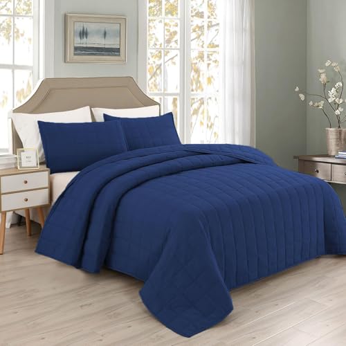 EMME Quilts Queen Size Bedding Sets Navy Blue Bedspread, Soft Lightweight Pre-Washed Bed Set, 3 Piece Cozy Reversible Microfiber Bed Coverlet with Pillow Sham(Square Pattern,90"x90") - color: 01-navy (Squares Pattern), size: Full/Queen(90" x 90")