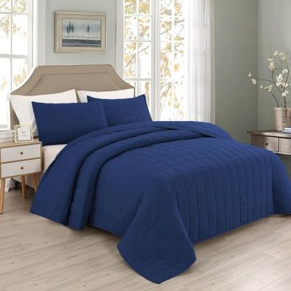 EMME Quilts Queen Size Bedding Sets Navy Blue Bedspread, Soft Lightweight Pre-Washed Bed Set, 3 Piece Cozy Reversible Microfiber Bed Coverlet with Pillow Sham(Square Pattern,90"x90") - color: 01-navy (Squares Pattern), size: Full/Queen(90" x 90")