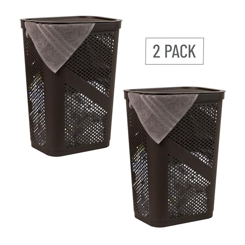 Mind Reader 60L Slim Laundry Hamper, Clothes Basket, Lid, Ventilated, Plastic, 17.25"L x 13.75"W x 23.5"H, Set of 2, Brown