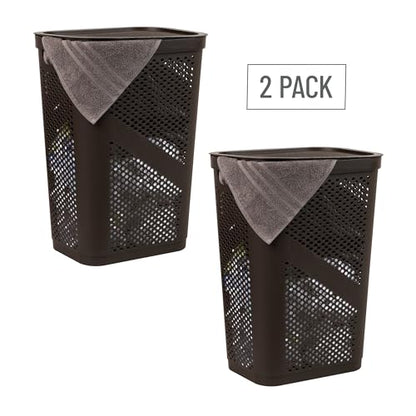Mind Reader 60L Slim Laundry Hamper, Clothes Basket, Lid, Ventilated, Plastic, 17.25"L x 13.75"W x 23.5"H, Set of 2, Brown
