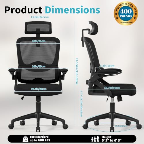 Ergonomic Office Chair,Mesh Office Chair with Lumbar Support,High Back Desk Chair with Flip-up Arms,400 lbs Big and Tall Computer Chair with Headrest,Comfy Desk Chairs - color: Deep Black