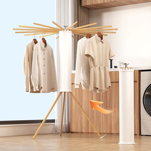 Heavy-Duty Wooden Tripod Clothes Drying Rack, 16 Rods, Large Capacity, 360° Airflow Umbrella Dryer, Foldable Space-Saving Floor Stand for Indoor Outdoor Use