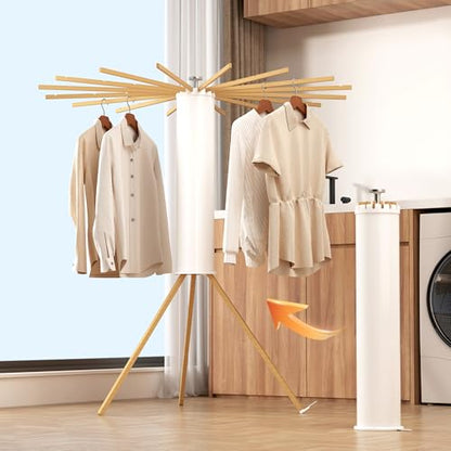 Heavy-Duty Wooden Tripod Clothes Drying Rack, 16 Rods, Large Capacity, 360° Airflow Umbrella Dryer, Foldable Space-Saving Floor Stand for Indoor Outdoor Use