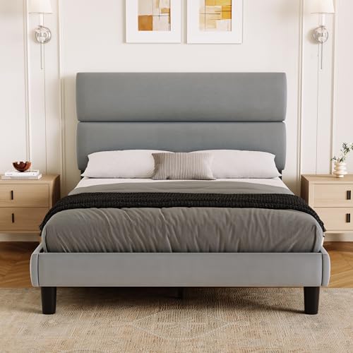 GRUSIGN Full Size Platform Bed Frame with Velvet Headboard, Adjustable Height Wooden Slats Support, Upholstered Mattress Foundation, Fits Mattress or Mattress with Box Spring, Easy Assembly, Grey - color: Grey, size: Full
