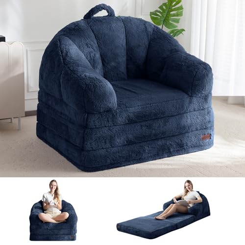 MAXYOYO Folding Sofa Bed, 2 in 1 Convertible Sofa to Lounger | Comfy Single Bean Bag Chair for Adults, Floor Couch with Handle, Faux Fur Couch Bed for Living Room Bedroom, Navy - color: Navy, size: Single