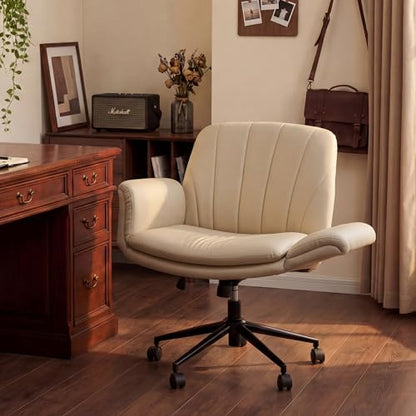 Dowinx Criss Cross Chair with Five-Level Adjustable Arms and Wheels - Comfortable Ergonomic PU Leather Swivel Vanity Chair - Computer Makeup Gaming Chair for Home Office, Bedroom, Vanity Room (Khaki) - color: Light Khaki