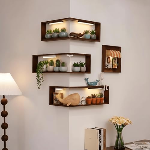 Floating Corner Shelves Set of Three Wall Mounted Wood Storage Display Rack Space Saving Organizer for Bedroom Living Room Kitchen(Includes LEDs) (2)