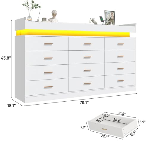 jiteentarou 12 Drawer Dresser with Charging Station and LED Lights, Modern Chest of Drawers with Power Outlet, Organizer Cabinet for Bedroom, Living Room, Entryway, White - color: White, size: 18.1"D x 70"W x 45.7"H (12 Drawers)
