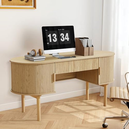 Executive Office Desk with Storage, 63 Inch Large Computer Workstation Desk with Drawer and File Cabinets, Mid Century Modern Fluted Wood Writing Desk for Home Office, Study Room, Living Room, Natural - color: Natural