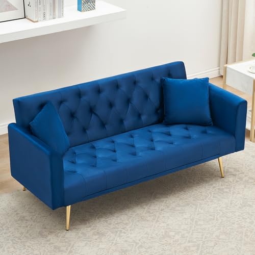 71" Modern Velvet Sofa Bed Futon, Convertible Sleeper Couch, Adj. Backrest | Tufted Recliner Loveseat Design with Golden Chrome Legs & 2 Pillows, Perfect for Small Spaces, Living Room, Apartment - color: Blue