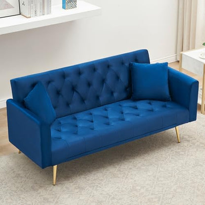71" Modern Velvet Sofa Bed Futon, Convertible Sleeper Couch, Adj. Backrest | Tufted Recliner Loveseat Design with Golden Chrome Legs & 2 Pillows, Perfect for Small Spaces, Living Room, Apartment - color: Blue
