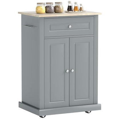 HOMCOM Rolling Kitchen Island Cart, Drawer & Adjustable Shelf, Grey | Portable Serving Trolley Table, 2 Towel Racks - color: Grey