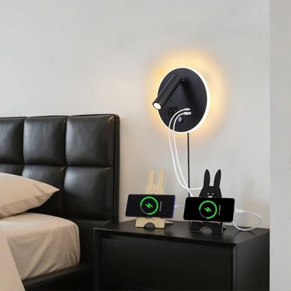 LED Round Wall Sconce with Dimmable Light, 6W+3W 3000K Night Light, Adjustable Plug-in Headboard Lamp with USB & USB-C Ports, Bedside Reading Light for Bedroom(Black) - color: Black