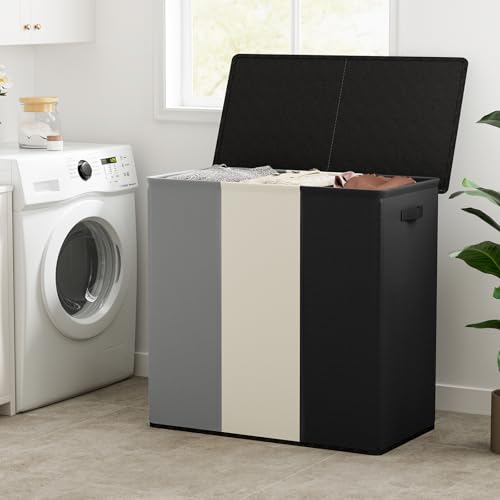WOWLIVE 180L Laundry Hamper 3 Section, Large Laundry Basket with Lid | Dirty Clothes Hampers with Removable Bags and Handles, Collapsible Laundry Basket Organizer for Dorm Room, College - color: Black + Beige + Grey, size: 180l (31.5"L x 12.5"W x 28"H)