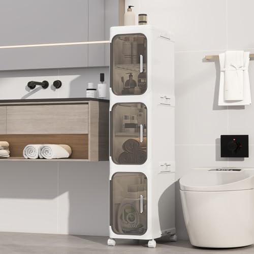3 Tier Slim Bathroom Storage Cabinet, Foldable and Movable, White | Tools Free, ABS and PET, Magnetic Clear Door, Adjustable Shelves, Lockable Wheels, Water Resistant, For Narrow Space - color: White, size: 3 Tiers