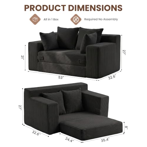 Boneless Mini Couch 53 Inch, 3-in-1 Black Boneless Couches Covertible Sofa Bed with 4 Pillows, Small Couches for Living Room, Bedroom, Small Space - color: Black, size: 53 Inch