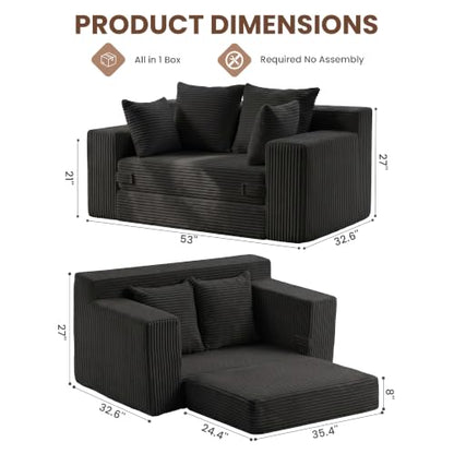 Boneless Mini Couch 53 Inch, 3-in-1 Black Boneless Couches Covertible Sofa Bed with 4 Pillows, Small Couches for Living Room, Bedroom, Small Space - color: Black, size: 53 Inch