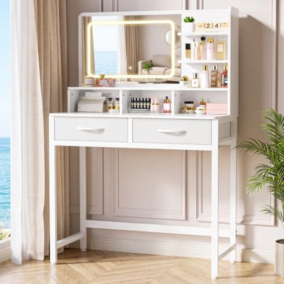 Kitsure 31.5" W Small Vanity Desk with Mirror and Lights, 2 Fabric Drawers | Bedroom, Gifting, Makeup Vanity, 6 Open Shelves, 3 Lighting Modes, Stable Frame, White