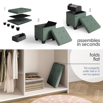 Storage Ottoman Cube with Small Bin, 15-in Square Ottoman with Storage for Living Room and Bedroom, Small Ottomans Foot Rest, Fabric Foot Stools Ottomans Max 330lbs, Green - color: 03 - Green