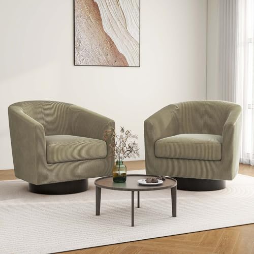 Swivel Barrel Accent Chair, Comfy Reading Armchair, Camel, Set of 2 | Club Chairs for Adults, Low-Back Design, Modern Round Style, Solid Wood Frame & Metal Swivel Base, For Living Room & Bedroom - color: Camel