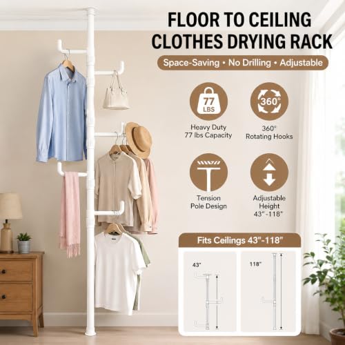 Floor to Ceiling Clothes Drying Rack, Adjustable Tension Pole Laundry Rack for Balcony. Vertical Coat Hanger Stand for Bathroom Bedroom, No Drilling Easy Install Space Saving (White) - color: White