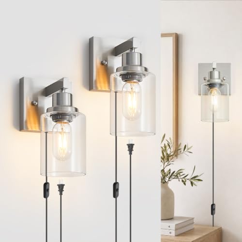 Plug in Wall Sconces Set of 2, Modern Corded Wall Sconce, Bedroom Wall Sconces with Clear Glass, Wall Decor Set of 2 Brushed Nickel Wall Lamps for Bedroom Living Room - color: Nickel, size: 1-Light