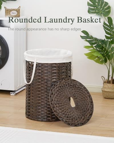 SETVSON Laundry Basket with Lid Round Rattan PE Laundry Hamper, Brown | 110L Large Woven Basket with Lid, Removable Washable Liner Bag, 2 Mesh Laundry Bags, Side Handles for Easy Carrying - color: Brown, size: 110 L