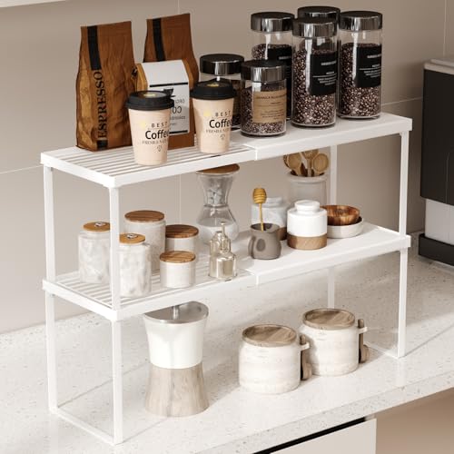 Magheo Expandable Kitchen Countertop Organizer, 2 Pack Stackable Cabinet Shelf Risers, Metal Spice Rack Heavy Duty Counter Organizer Storage for Kitchen, Pantry, Cupboard, Rv (8.7in Height,White) - color: White, size: 2 Pack-8.7in Height