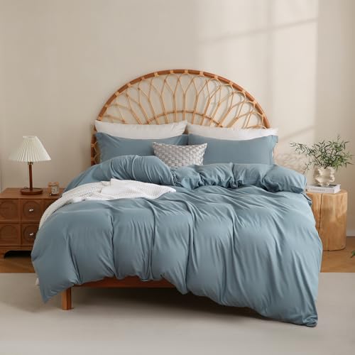 JSD Dusty Blue Duvet Cover Set Queen Size | 3 Piece Soft Microfiber Duvet Cover with Pillow Shams Zipper Closure, Comforter Not Included, Oeko-Tex Certified - color: Blue, size: Queen