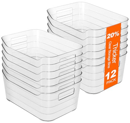 Hudgan 12 Pack Pantry Storage Bins for Kitchen Cabinet, Clear Plastic Organizer Bins for Bathroom, Pantry Organizer Containers for Home Edit, Drawer, Under Sink, Fridge