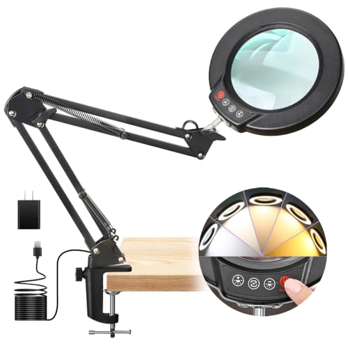 12X Magnifying Glass with Light and Clamp, Real Glass Lens Lighted Magnifier with Stand, 5 Color Modes LED Dimmable Magnifying Desk Lamp Hands Free for Crafts Jewelry Painting Sewing Close Work - color: Black, size: 12X 17.8inch Clamp
