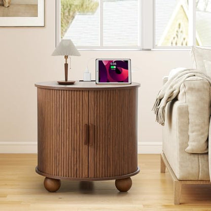 24" Round End Table with Charging Station, Fluted Side Table, Walnut | Farmhouse Sofa Side Tables Living Room, Mid-Century Wood Nightstand with Sliding Tambour Door & Storage, Round End Table - color: Walnut