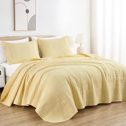Chezmoi Collection Kingston Queen Size Bedspread Set, 3-Piece Pastel Yellow Oversized Quilted Microfiber Lightweight Bedspread Coverlet (100"x106") for All Seasons - color: Pastel Yellow, size: Queen