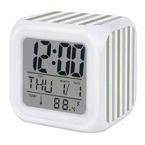 Digital Alarm Clocks for Bedroom,Watercolor Sage Green Grey Stripes Cube Alarm Clock with Snooze and Nightlight Classic Minimalist Art Silent Office Desk Clock Time/Date/Temperature Display - color: Green