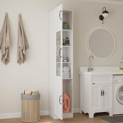 Bobve 86.6" H Extra Tall Narrow Storage Cabinet, Tall Bathroom Cabinet with Glass Door and Shelves, 5-Tier Free-Standing Cube for Bathroom, Living Room, Kitchen, White - size: 1-Pack