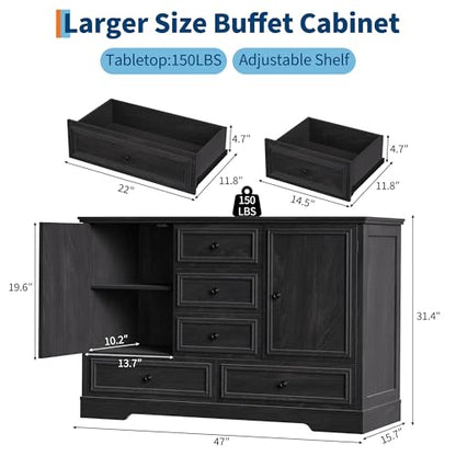 GarveeHome 47" Farmhouse Sideboard Buffet Cabinet,Sideboard Storage Credenza with 5 Drawers and 2 Doors,Wood Coffee Bar Cabinet,Buffet Table for Dining Room Living Room,Black01 - color: Black01