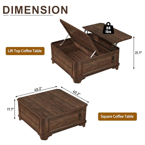 40 Inch Coffee Tables for Living Room Farmhouse Lift Top with Charging Station and Hidden Storage - Square Center Table with Adjustable Lifting Top and Large Storage for Bedroom, Home Office, Brown - color: Brown