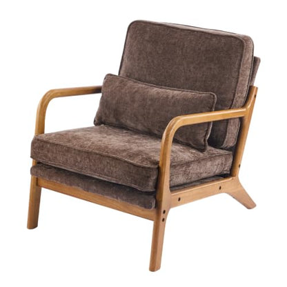 Karl home Mid-Century Modern Accent Reading Chair, Brown | Chenille Upholstered, Solid Wood Frame, Soft Cushion, Lumbar Pillow, Lounge Armchair for Living Room, Bedroom, Balcony, Study - color: Chenille Brown