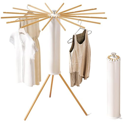 Foldable Tripod Clothes Drying Rack,Beechwood & Portable Laundry Stand, Space-Saving Collapsible Hanger with 16 Arms for Indoor & Outdoor Drying – Easy Setup, Stable Base, Fast Air-Drying Design