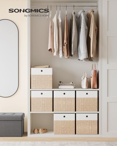 SONGMICS Storage Cubes, Set of 6 Foldable Fabric Storage Boxes, Cube Organizer Boxes with Handles, for Closet Shelves, Odorless, 13 x 13 x 13 Inches, Cloud White and Sand Beige URFB433LF02 - color: Cloud White + Sand Beige, size: 13 Inch-6 Pack