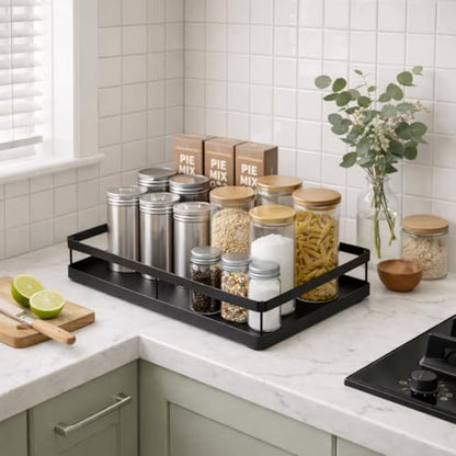 AOVA Pull Out Under Sink Organizer, Single-Tier Metal Sliding Shelf | Carbon steel basket, smooth slide-out rails, no-drill adhesive setup, for kitchen, pantry and bathroom cabinets