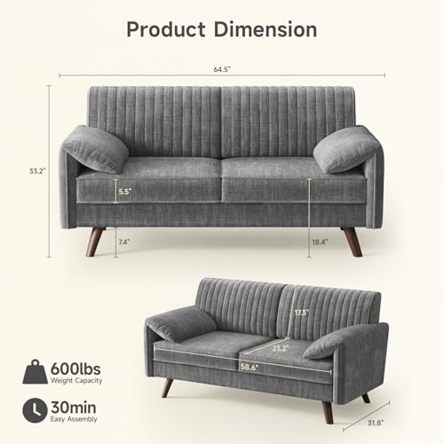 64.5" Loveseat Sofa, Chenille Loveseat Couch for Living Room, Grey | 23.2" Deep Seat Love seat with Padded Arms, Comfy Modern Small Couches for Bedroom, Small Spaces, Dorms, Office, Apartment - color: Grey