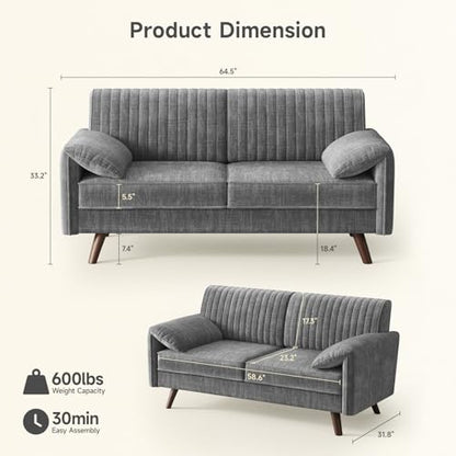 64.5" Loveseat Sofa, Chenille Loveseat Couch for Living Room, Grey | 23.2" Deep Seat Love seat with Padded Arms, Comfy Modern Small Couches for Bedroom, Small Spaces, Dorms, Office, Apartment - color: Grey